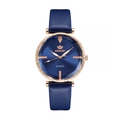 Detailed view of women's quartz watch with navy leather strap and rose gold bezel - Blue