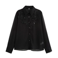 Zwarte damesblouse van chiffon met lange mouwen en elegante borduursels met kralen en lovertjes - XS / Zwart
