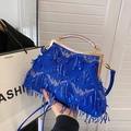 Blue sequin tassel shell bag with golden handle and detachable shoulder strap - Blue