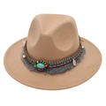 Camel Tibetan wool fedora hat with turquoise beads and ethnic tassel band detail - Kids One Size (54cm) / Camel