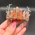 Detailed view of silver branch metal hair comb featuring natural raw pink quartz crystals - Brown + Branch
