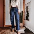 Dunkelblaue High-Waist Wide-Leg Jeans mit Mittelnaht und Retro-Umschlag am Saum - S / Dunkelblau