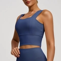 Navy blue high-impact sports bra with wide straps and square neck for gym workout - Whale Blue