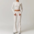 Ensemble de yoga blanc crème deux pièces avec crop top manches longues et legging évasé - Chemise À Manches Longues 8886 + Pantalon Évasé 8791 Gris Perle / S