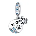 S925 sterling silver heart paw pendant with blue zircons for DIY charm bracelets - Seaside Cute Paw Pendant 0162