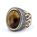 Men's retro flame pattern stainless steel ring featuring an oval tiger eye gemstone inlay - US 7 / Tiger Eye Style (01302)