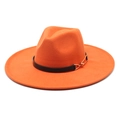 Detail of orange wool fedora with a black decorative band and gold metal buckle - Adult 56-59cm / Orange
