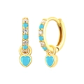 Detail of 18K gold heart earrings with blue turquoise pendant and zircon inlay - Heart Blue Stone Hoop Gold