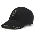 Black cotton baseball cap with silver pentagram pendants and metal rings in punk style - Adult / Black
