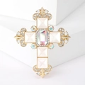 Spilla a croce barocca dorata con strass iridescente e intarsi di perle - Bianco AB (MM-BR-3813-AB)