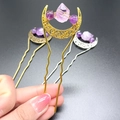 Handmade crescent moon hair pins with raw purple amethyst crystals in gold and silver - Gold Moon Style