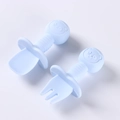 Light blue silicone baby spoon and fork set with panda wood handle and safety guard - All-Silicone Short Spoon + Short Fork / Light Blue