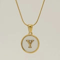 Gold stainless steel snake chain necklace with round white shell initial Y pendant - Letter Y