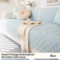 French retro light blue quilted cotton sofa cushion with vintage floral embroidery - 45*45cm Pillowcase / Blue