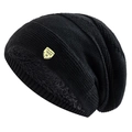 Classic black fleece-lined knit beanie with warm thermal thick lining and shield badge - Shield Label Style / Black