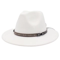 Detail of white felt fedora hat featuring an ethnic geometric band and metal buckle - M (56-58cm) / White