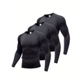 Three-pack of men's quick-dry long-sleeve compression shirts for running and fitness training - Black+Black+Black
