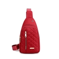 Red quilted nylon chest bag with adjustable strap and headphone port on white background - Style 3 Wine Red