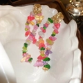 Colorful floral tassel earrings with vibrant beads and golden square metal studs - Colorful Irregular Gemstone Long Style (19# Silver Pin)