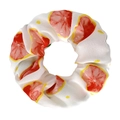 Detail of white fabric hair scrunchie with red grapefruit slice and yellow dot patterns - Red Pomelo White