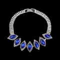 Sparkling bridal necklace with three rows of silver rhinestones and marquise blue gemstones - 600 Marquise Statement Necklace / Royal Blue