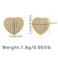 Detailed dimensions of gold plated heart stud earrings with cubic zirconia inlay - Classic Pave Zirconia Heart Studs