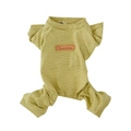 Detail of green striped dog jumpsuit featuring round neck and ribbed cuffs - Striped Loungewear - Yellow