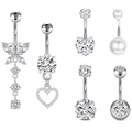 6-piece silver naval ring set with butterfly, heart, and pearl zirconia charms - Silver