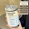 1000ml high borosilicate glass tumbler with time scale and stainless steel straw - 1000ml / Good Morning Transparent Mug Stainless Steel Straw Brush Set