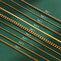 Detailed grid of nine 18K gold plated stainless steel chain styles on a green background - Gold More Styles Contact Support