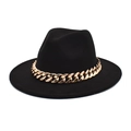 Flat brim black wool fedora featuring a bold polished light gold chain link decoration - M (56-58cm) / Black