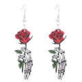 Gothic Holzohrringe mit Motiv einer Skeletthand, die eine rote Rose festhält - Totenkopf und Rose