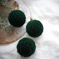 Three green velvet Christmas ornaments with diamond patterns on a snowy festive background - Diamond Lattice Flocked Ball - Green (3Pcs)