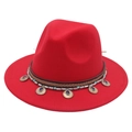 Red ethnic style wide-brim fedora hat with turquoise beads and metallic coin charms - M (56-58cm) / Red
