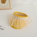 Close-up of yellow straw sun hat featuring white pearls, lace trim and mesh overlay - One Size(Adjustable) / Yellow
