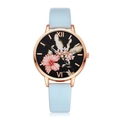 Women's rose gold watch with black floral dial and light blue strap in five-piece set - Watch Only / Sky Blue