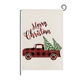 Linen Christmas garden flag with vintage red plaid truck and Merry Christmas text - Style ZQ008-9 (Red Black Truck)