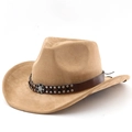 Classic camel suede cowboy hat with studded leather band and vintage silver ornament - M (56-58cm) / Camel