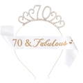 Silver 70th birthday crown with rhinestones and white 70 & Fabulous satin sash set - 70th Birthday Gold Tiara White Sash