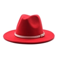 Detail of red wool fedora featuring a beige leather band and golden metal buckle clasp - M (56-58cm) / Red