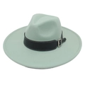 Detail of mint green fedora hat featuring a black faux leather band and silver buckle - Mint Green Heart (Black Wide Leather)