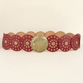 Vintage style red leather disc belt with brass floral buckle for dresses and jeans - Antique Bronze Wine Red