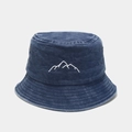 Detail showing white mountain peak embroidery on washed navy blue cotton bucket hat - M (56-58cm) / Navy Blue