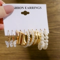 Vintage gold geometric earring set with white acrylic butterfly charms and pearls - E089/Luxury Style / Gold/White