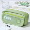 Minimalist mint green large capacity pencil case with dual zippers and mesh pocket detail - Mint Green