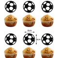 Set of six black glittery soccer cupcake toppers with 6cm diameter for birthday parties - 6Pcs Small Cupcake Toppers