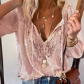 Elegant pink lace V-neck long-sleeve blouse featuring bohemian tassel drawstring design - S / Pink