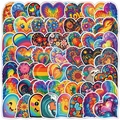 Detailed flat lay of diverse heart-shaped waterproof stickers with colorful patterns - Mixed Illustration Style Hearts(TQ50-0488)