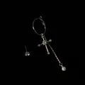 Asymmetric silver hoop earring with cross pendant, pearl tassel, and cubic zirconia stud - Asymmetric Rhinestone Cross Hoops