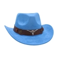 Bright blue suede western cowboy hat featuring a leather band and silver bull head icon - One Size / Blue